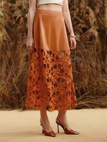 Arave Women's Solid Color Hollow Out Elegant PU Contrast Lace Midi Skirt