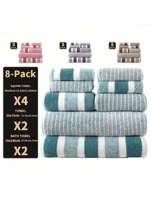 SHEIN 8件套柔软毛巾套装，高吸水（4条方巾2条面巾2条浴巾套装）适用于家庭浴室酒店美容院桑拿家用速干舒适男女套装日常节日礼物夏季，节日家居浴室装饰 - 彩色 - 查看 1