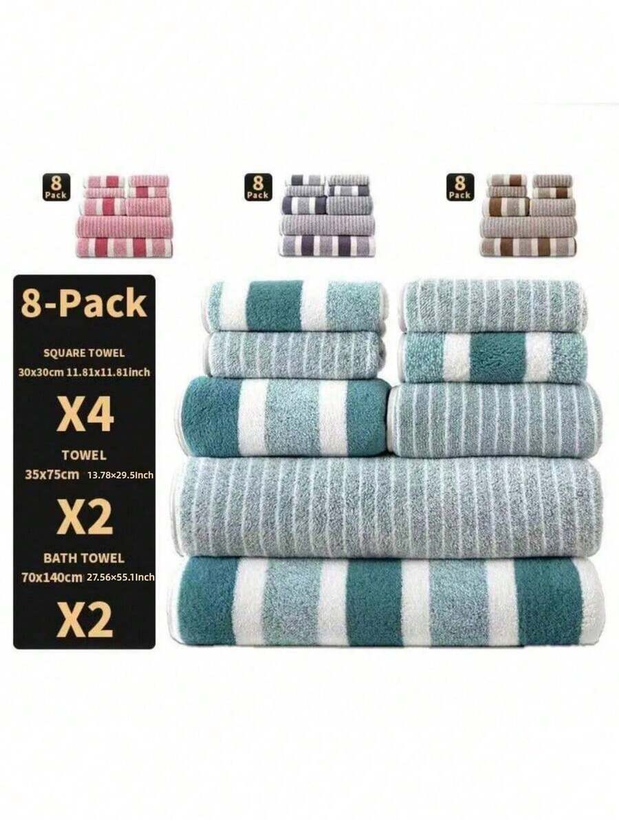 SHEIN 8件套柔软毛巾套装，高吸水（4条方巾2条面巾2条浴巾套装）适用于家庭浴室酒店美容院桑拿家用速干舒适男女套装日常节日礼物夏季，节日家居浴室装饰 - 彩色 - 查看 1