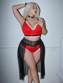 AltCore 3 pièces Ensemble de lingerie sexy en dentelle et patchwork de couleurs contrastées pour femmes, éléments sombres de Noël - Multicolore - Voir 3