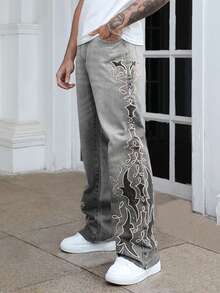 ROMWE MEN Street Life Men's Embroidered Patch Rivet Decorated Denim Jeans - Grey - View 1