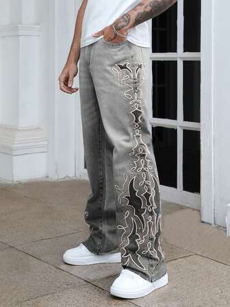 Street Life Men's Embroidered Patch Rivet Decorated Denim Jeans