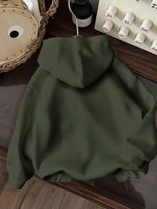 SHEIN EZwear 休闲简约印花图案连帽长袖宽松厚款卫衣，适合秋冬季女士 - 軍綠色 - 查看 2