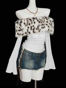 SHEIN ICON 女士性感时尚Y2K豹纹露肩修身T恤 - 白色 - 查看 4