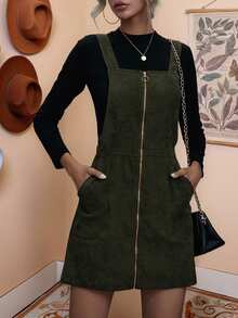 LanaWest O-Ring Zip Up Corduroy Overall Dress - Army Green - View 1