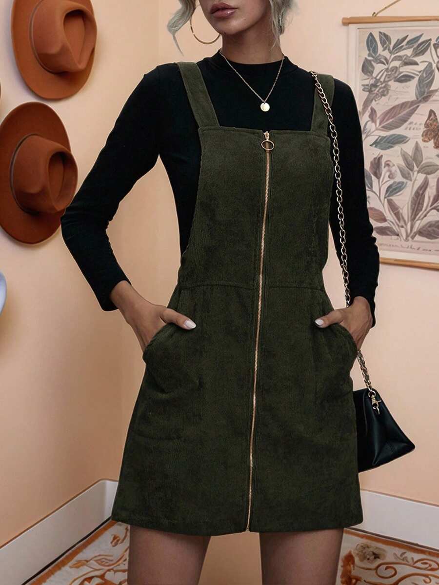 LanaWest O-Ring Zip Up Corduroy Overall Dress - Army Green - View 1