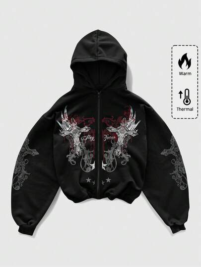 Goth sweat-shirt à capuche zippé avec imprimé croix et lettres, style mode de rue punk casual Y2K, automne/hiver pour hommes