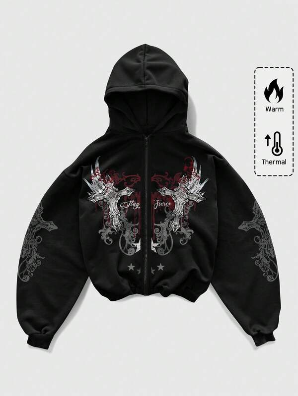 ROMWE MEN Goth Sudadera con capucha y cremallera con estampado de cruz y letras, estilo casual y punk de la calle para hombres