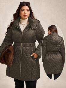 Zelara Quilted Padded Coat With Metal Belt, Plus Size Hooded Coat In Fall/Winter - Coffee Brown - View 2