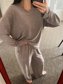 DAZY 女士简约羊毛针织睡衣套装，秋冬舒适服装，秋季服装 - 卡其色 - 查看 5