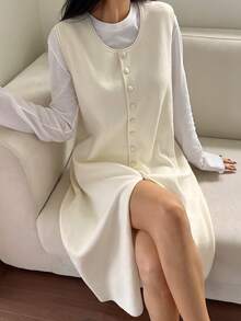 DAZY 女士针织无袖长裙家居服，秋冬 - 白色 - 查看 8