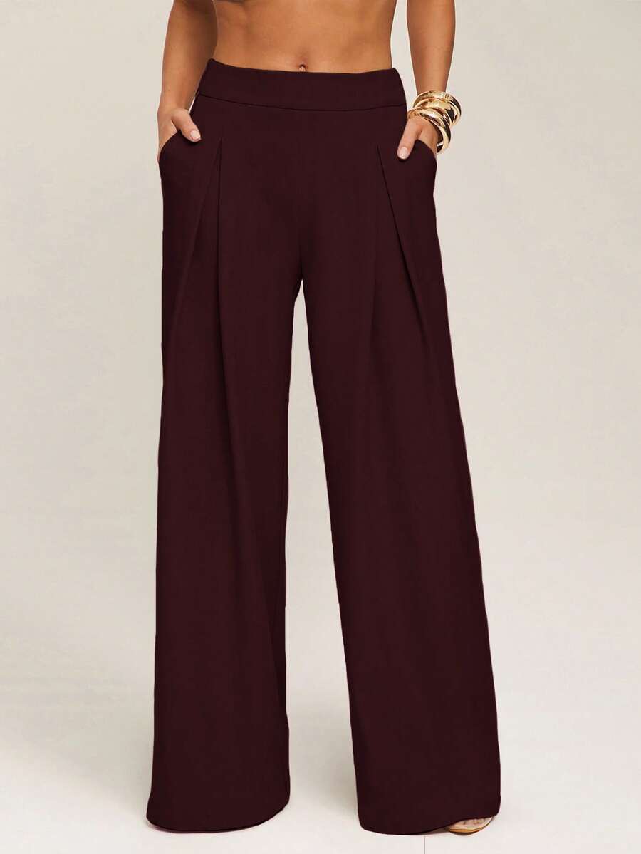 Silquee Quần ống rộng màu trơn đơn giản cho nữ, quần ống rộng, quần xếp ly, quần rộng cho mùa thu/đông - Màu Tím - Xem 1