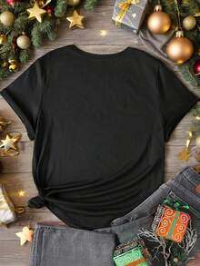 EMERY ROSE Christmas-Themed "Colorful Christmas Elements Collection" Printed Casual Plus-Size T-Shirt - Black - View 2