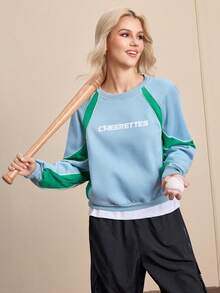 Menodora SHEIN Sport Women's Letter Print Contrast Color Round Neck Raglan Sleeve Sporty Sweatshirt Women Athleisure - Blue - View 5