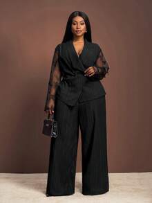 Veslaya Plus-Size Women's Winter Elegant Flared V-Neck Long Sleeve Unique Design Belted Lapel Blazer Set With Wide Leg Pants, Perfect For Christmas Outfits/New Year Wear/Thanksgiving Looks/Graceful Women's Fashion/Social Occasion Tops/Commute Attire/Daily Wear/Office Outfits/Formal Women's Wear - Black - View 8