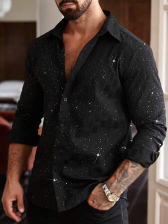 Manfinity AFTRDRK Men's Casual Black Long-Sleeved Shirt, Men's Button-Down Shirt, Men's Shimmering Shirt, Textured Fabric, Autumn/Winter Style, With A Sparkling Design. Suitable For Vacations, Parties, Raves, Dinners, Holidays, And Other Occasions With A Street Style Vibe.