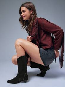 Solezae 女士迷人尖头低跟仿麂皮中筒靴 - 黑色 - 查看 4