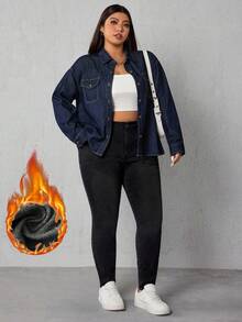 SHEIN ICON 大码女式高腰口袋保暖内衬紧身休闲百搭牛仔裤 - 黑色 - 查看 3