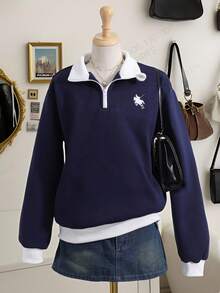 SHEIN Sweetra Young Tween Girls' Fashionable Minimalist Polo Sweatshirt Top - Navy Blue - View 1