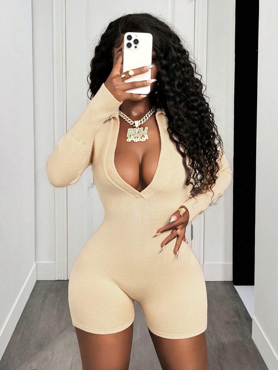 SHEIN BamGlam Women's Solid Color Khaki Sexy Bodysuit, Fitted Long Sleeve Deep V-Neck Polo Collar Party Wear - Apricot - View 1