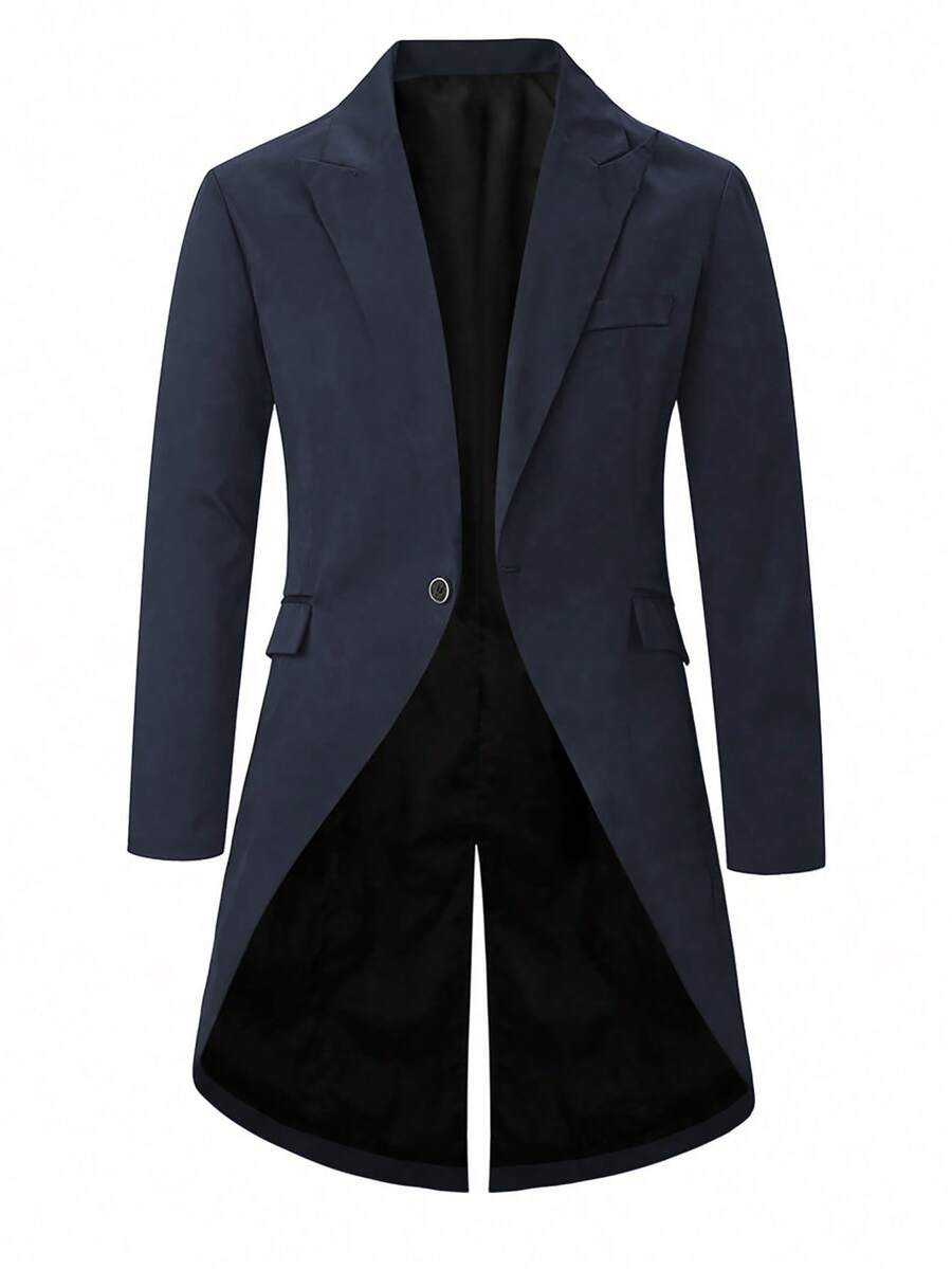 Manfinity AFTRDRK 男士纯色商务通勤西装外套，男士长款大衣，西装外套，祖特西装，男士风衣，男士礼服，适合老钱阶层、日常休闲、周末旅行、户外活动、探险旅行、轻松的工作环境或半正式场合，可作为男友/丈夫礼物、周年纪念礼物或圣诞节礼物。 - 藏蓝色 - 查看 1