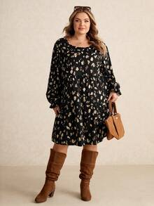 SHEIN CURVE+ Đầm cổ tròn tay dài họa tiết chấm bi cổ điển cỡ lớn, phù hợp cho mùa thu/đông - Nhiều màu - Xem 6