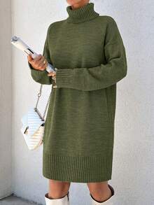 EURMUSE Women Solid Color Loose Turtleneck Drop Shoulder Sweater Dress, Autumn/Winter - Army Green - View 4