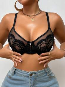 1 Áo ngực ren lưới có gọng tương phản dành cho nữ - màu đen - Xem 3