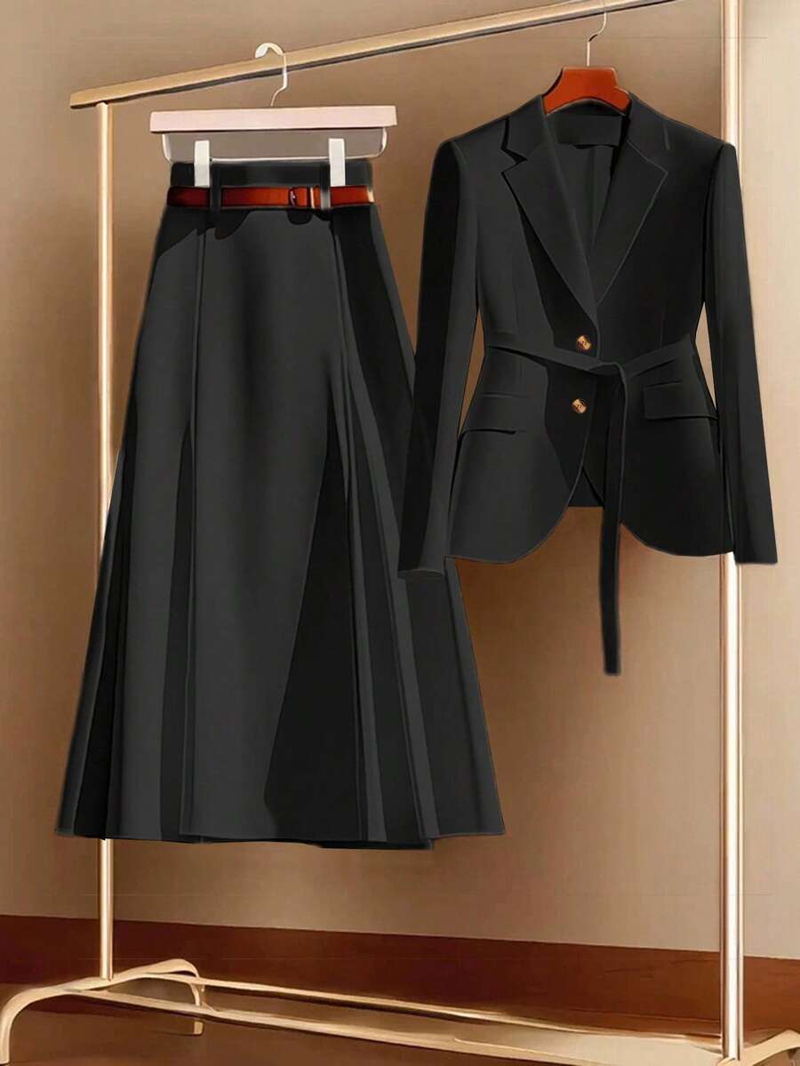 Franclia Black Autumn Elegant Office Women's 2 Pieces Sets,Elegant Commuter Solid Color Blazer & High Waist Skirt Suit,Professional Clothes Skirt Blazer Set - Black - View 1