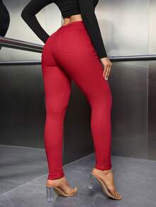 SHEIN ICON 女式口袋紧身休闲百搭牛仔裤 - 紅色 - 查看 2