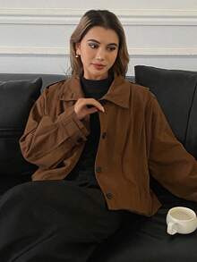 DAZY Vintage American Street Pleated Design Loose Casual Jacket, Versatile Short Outerwear For Women - Brown - View 7