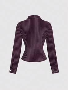 Sweetra 时尚撞色纹理纽扣修身腰部修身条纹领长袖女式衬衫 - 紫色 - 查看 3