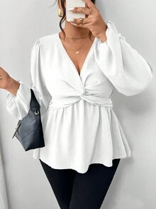 Firerie Plus Size Green Casual Simple Twist Front A-Line Long Sleeve Shirt, Spring Fall - White - View 5