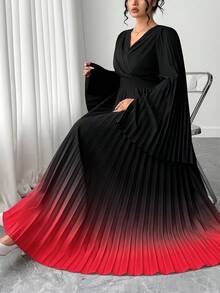 Elenzga Plus Size V-Neck Printed Pleated A-Line Dress - Black - View 4