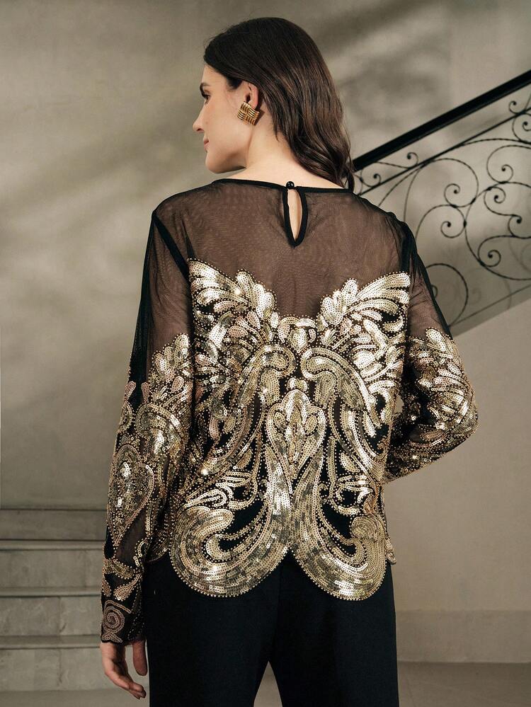 Women's Exclusive Hollow Out Shiny Blouse, Suitable For Fall, Winter, New Year, Party, Wedding, Elegant, Chic, Stylish, Christmas, Festival