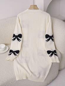 Teen Girls Autumn Black And White Y2k Sweet Back-To-School Jacquard Bow Knitted Dress, Round Neck Long Sleeve Elegant Casual Mini Knit Dress - White - View 3