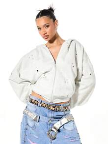 SUMWON WOMEN Oversized Boxy Zip Through Studded Hoodie With Metal Eyelets For Casual Winter Streetwear - Light Grey - View 1