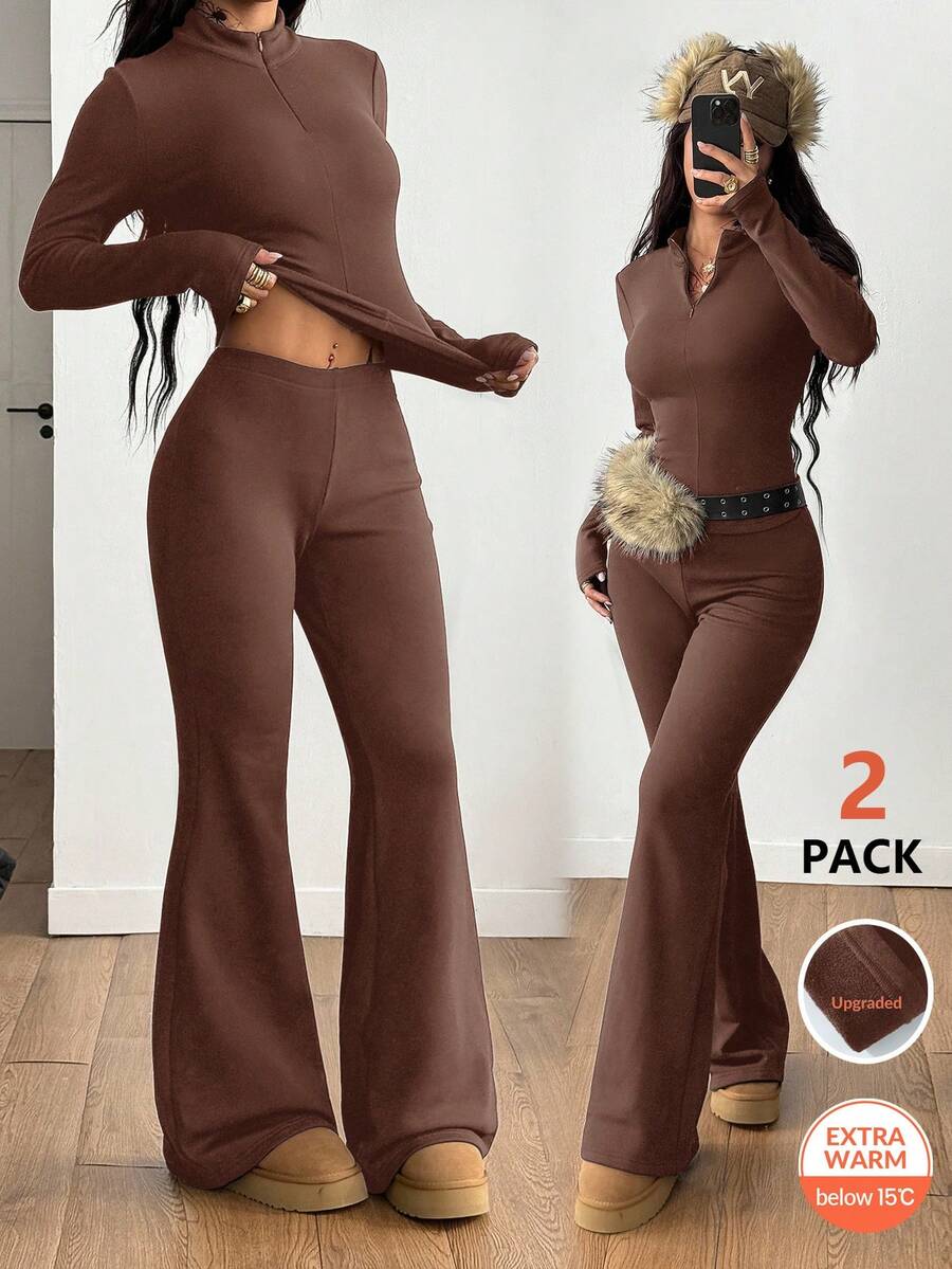 Coolane 女士秋冬街头休闲运动风基本款极简针织保暖/御寒/保暖四分之一拉链法式灰修身长袖高领T恤和喇叭裤两件套，带抓绒内衬 - 棕色 - 查看 1