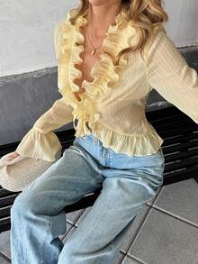 Pariaura Casual Sexy Ruffle Trim Tie Front Flare Sleeve Blouse Ruffle Blouse Ruffled Top Light Yellow Top Cream Blouse Sexy Blouses - Yellow - View 5
