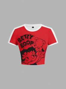 Betty Boop x SHEIN Camiseta corta de manga corta con estampado de letras y dibujos animados para mujer, de verano - Blanco - Ver 1