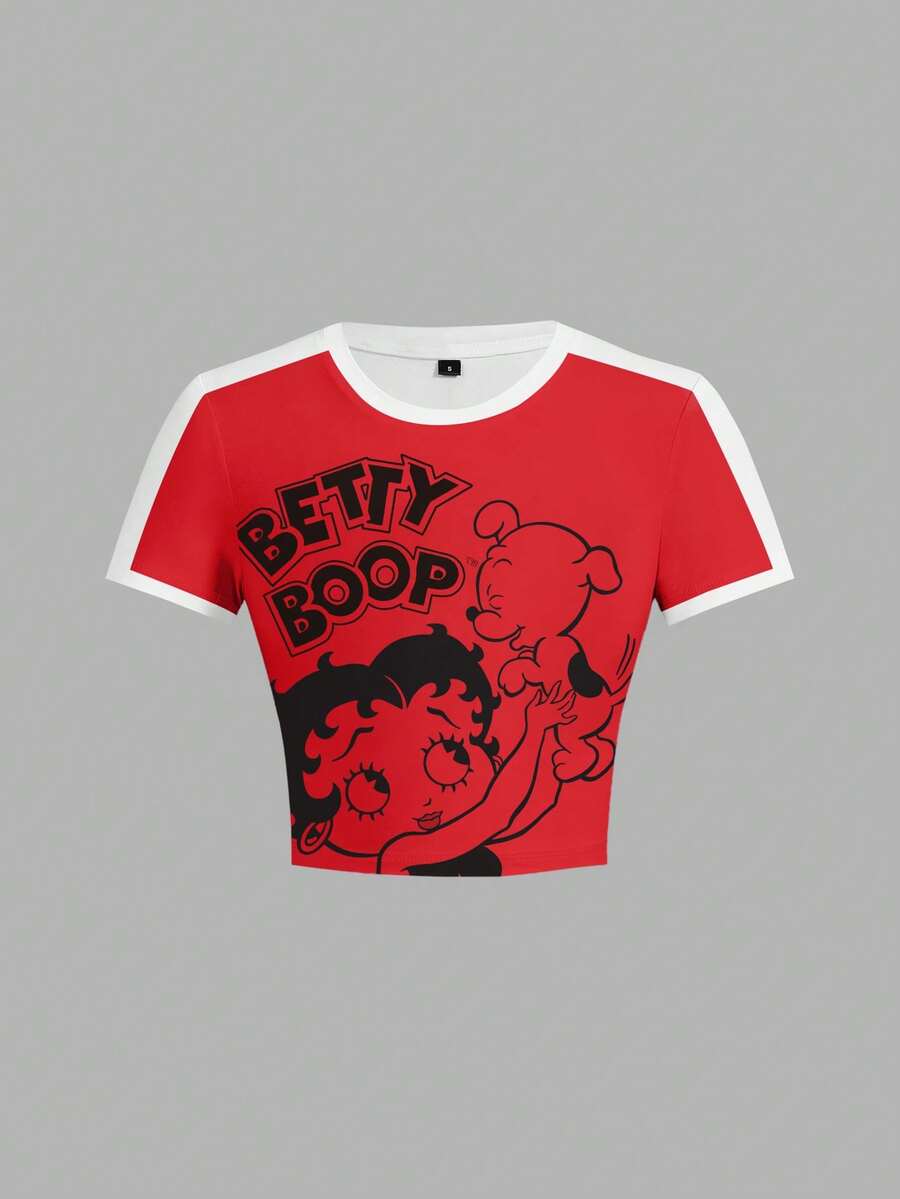 Betty Boop x SHEIN Camiseta corta de manga corta con estampado de letras y dibujos animados para mujer, de verano - Blanco - Ver 1