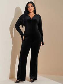 SHEIN Tall CURVE Plus Size Casual Minimalist Solid Color Velvet Slim Fit Jumpsuit For Autumn/Winter - Black - View 5