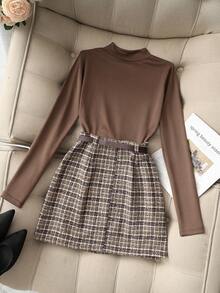 Franclia Fashionable Simple And Elegant Women's Autumn Black Knitted High-Elastic Tight Long-Sleeved Top Women's T-Shirt Bottoming Shirt Paired With French Retro Plaid Fit Skirt Pants Women's Bottoms Women's Skirt With Brown Belt Women's 2-Piece Set Women's Suits Women's Women's Set Women's Autumn Suit Women's Winter Set Women's Suit Skirt Graduation Suit Suitable For Casual Commuting And Versatile Two-Piece Suit Winter Clothes For Women