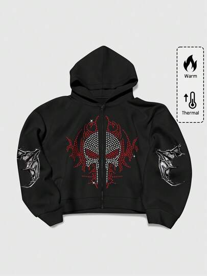 ROMWE MEN Goth 男士拉链连帽衫休闲宽松创意图案百搭时尚卫衣，秋冬款