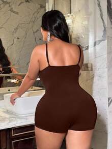 NU&NOW Plus-Size Women's Summer Brown Solid Color Fabric Patchwork Sexy Lace V-Neck Suspender Jumpsuit Shorts, Suitable For Everyday Wear, Parties, New Year's Wear, Christmas Wear, Holiday Wear, Valentine's Day Wear, Floral Pattern. - Brown - View 2