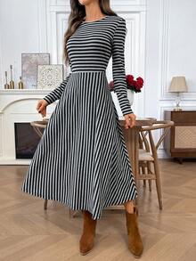 EMERY ROSE Váy mùa đông dài tay cổ tròn kẻ sọc thường ngày dành cho nữ - Nhiều màu - Xem 5