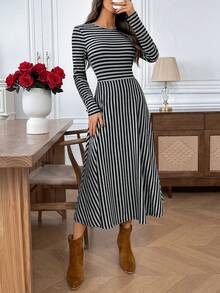 EMERY ROSE Váy mùa đông dài tay cổ tròn kẻ sọc thường ngày dành cho nữ - Nhiều màu - Xem 7