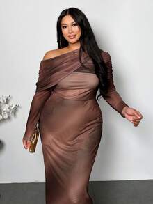 SHEIN Privé Đầm Maxi Tay Dài Ôm Sát, Họa Tiết Lưới Nhuộm, Dáng Rộng, Không Đối Xứng, Sang Trọng, Lãng Mạn, Cỡ Lớn, Dành Cho Nữ, Mùa Thu/Đông - Nhiều màu - Xem 4