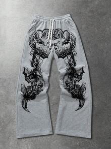 ROMWE MEN Grunge Punk 男士休闲复古印花抽绳腰带运动裤 - 灰色 - 查看 3