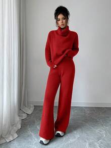 SHEIN Elenzya Bộ áo len dệt kim dài tay màu lạc đà rộng rãi thanh lịch và quần dài hai món, thích hợp để đi làm, mùa thu/đông - Đỏ - Xem 7
